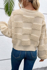 Parchment Checkered Sherpa Crew Neck Loose Sweater