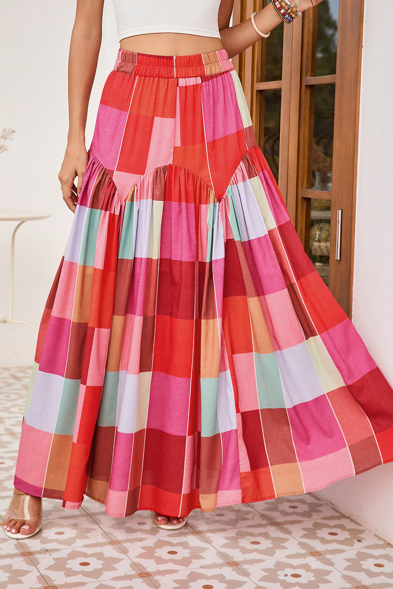 Multicolor Plaid Boho High Waist Maxi Skirt