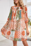 Orange Boho Paisley Mixed Print 3/4 Sleeve Chiffon Loose Dress