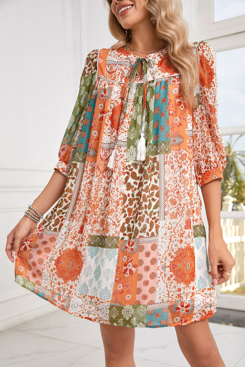 Orange Boho Paisley Mixed Print 3/4 Sleeve Chiffon Loose Dress