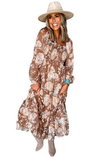 Brown Floral Print Shirred Square Neck High Waist Maxi Dress