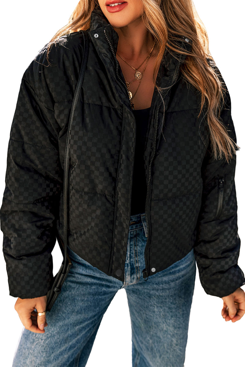 Black Checkerboard Full Zipper Puffer Jacket