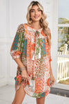 Orange Boho Paisley Mixed Print 3/4 Sleeve Chiffon Loose Dress