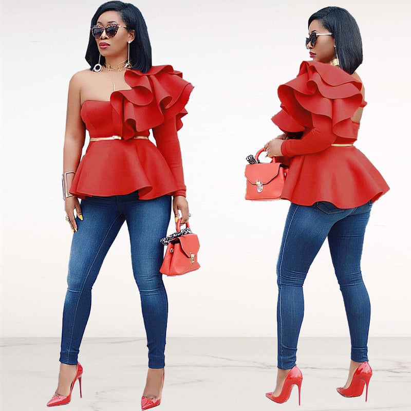 Women’s Elegant  Sexy One Shoulder Layered  Ruffle Long Sleeve Blouses