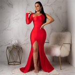 Women Solid One Shoulder Backless Long Sleeve High Split Maxi Dresses