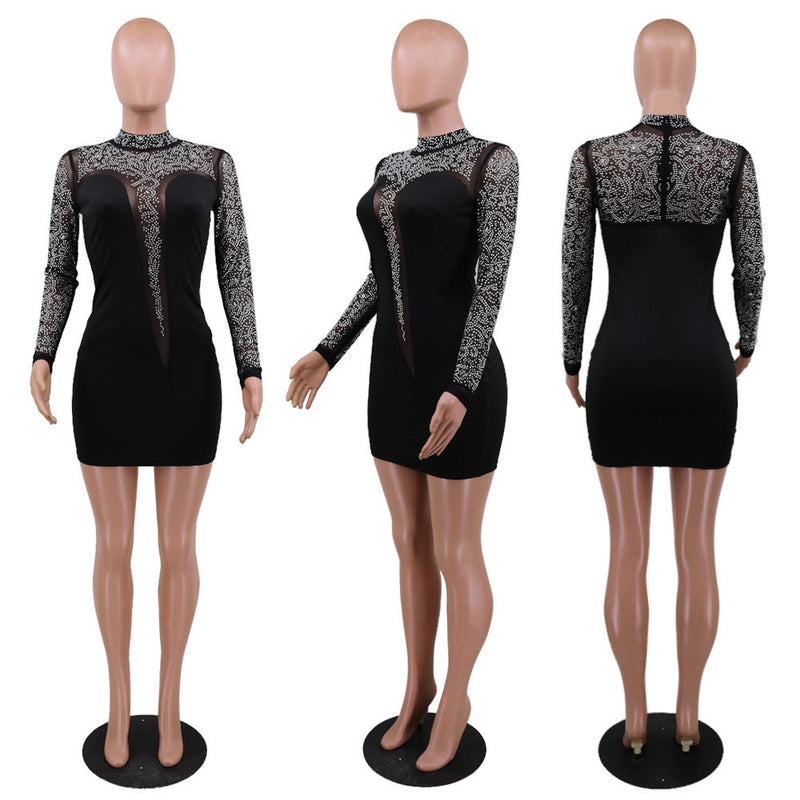 Women’s Sheer Mesh Rhinestone  Long Sleeve Elegant Sexy Mini Dresses