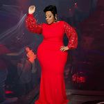 Women Long Sleeve  Sexy Plus Size Sequin Glitter Elegant Red Dress