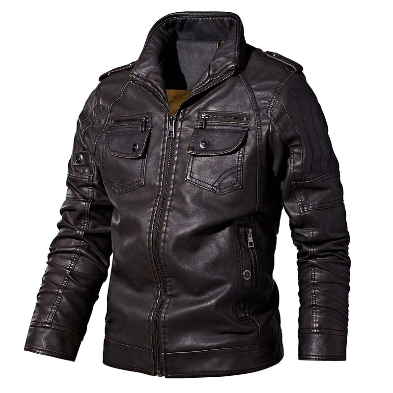 Men  Winter Fleece Casual Motorcycle  Genuine Leather Jacket