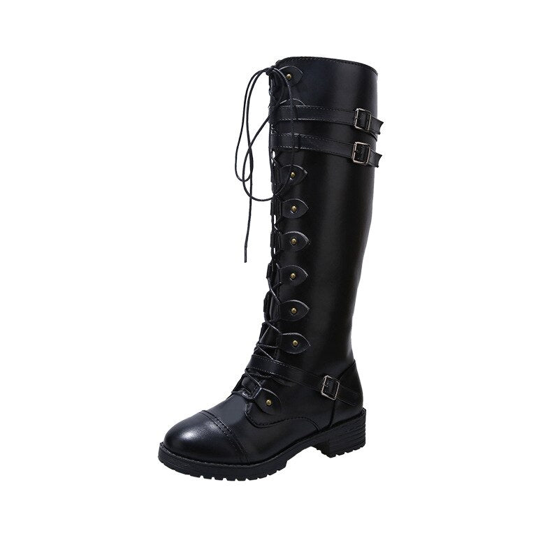 Women Knee High  Winter Lace Up Flat  Sexy Steampunk PU Retro Buckle Boots