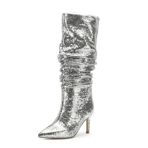 Fashion Pleated Sequin Slip On Pointed Toe High Heel Boots