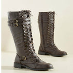 Women Knee High  Winter Lace Up Flat  Sexy Steampunk PU Retro Buckle Boots