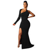 Women Solid One Shoulder Backless Long Sleeve High Split Maxi Dresses