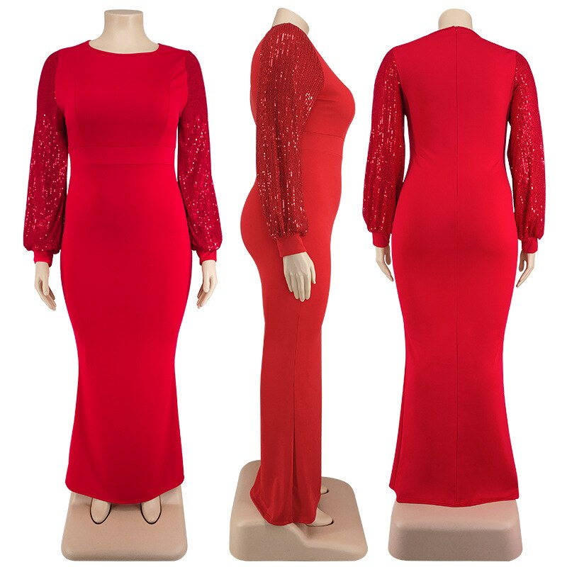 Women Long Sleeve  Sexy Plus Size Sequin Glitter Elegant Red Dress